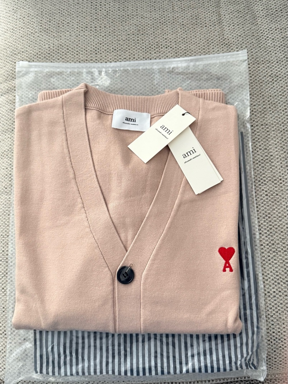 Ami Blush Pink V-Neck Cardigan with Red Heart 'A' Logo